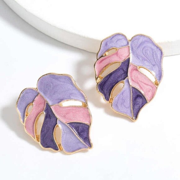 Cute Korean Style Pink & Purple Leaf Studs Acrylic Studs Fashion Earrings 1.5" - Picture 1 of 2